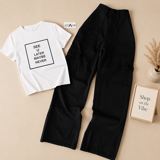 WHITE TEE SEE U LATER WITH BLACK CARGO JEANS