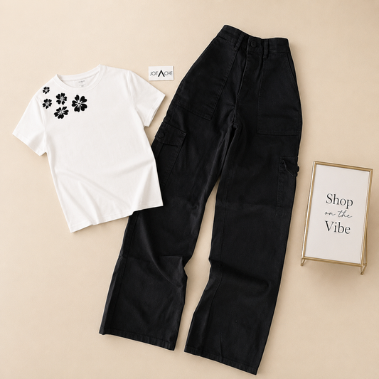 WHITE TEE SHOULDER FLOWER WITH BLACK CARGO JEANS