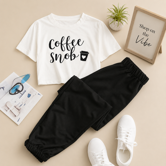 WHITE TSHIRT COFFEE SNOB WITH BLACK TROUSER