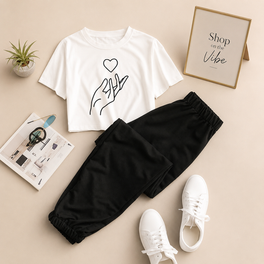 WHITE TSHIRT HEART IN HAND WITH BLACK TROUSER