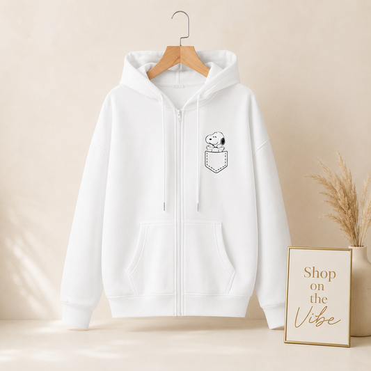 WHITE ZIPPER HOOD POCKET DOG