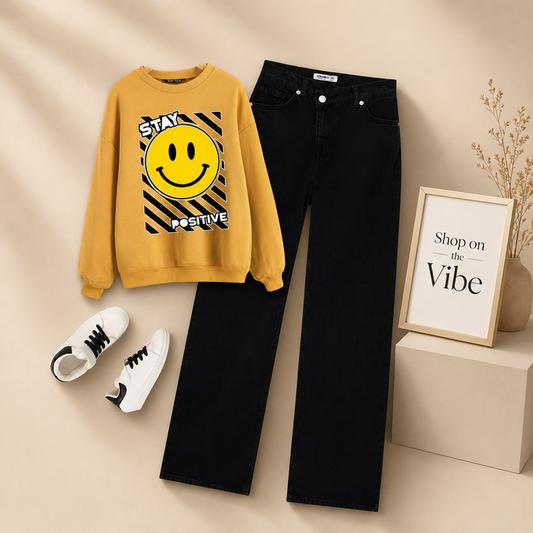 YELLOW SWEATSHIRT STAY POSITIVE WITH BLACK WIDE LEG JEANS